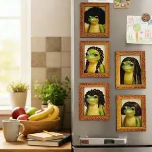 Set of 5 Funny Frog Haircut Refrigerator Magnets, Mini Frame Shape Wooden Magnet, Home Decor Creative Gift, Unique Kitchen Accessories