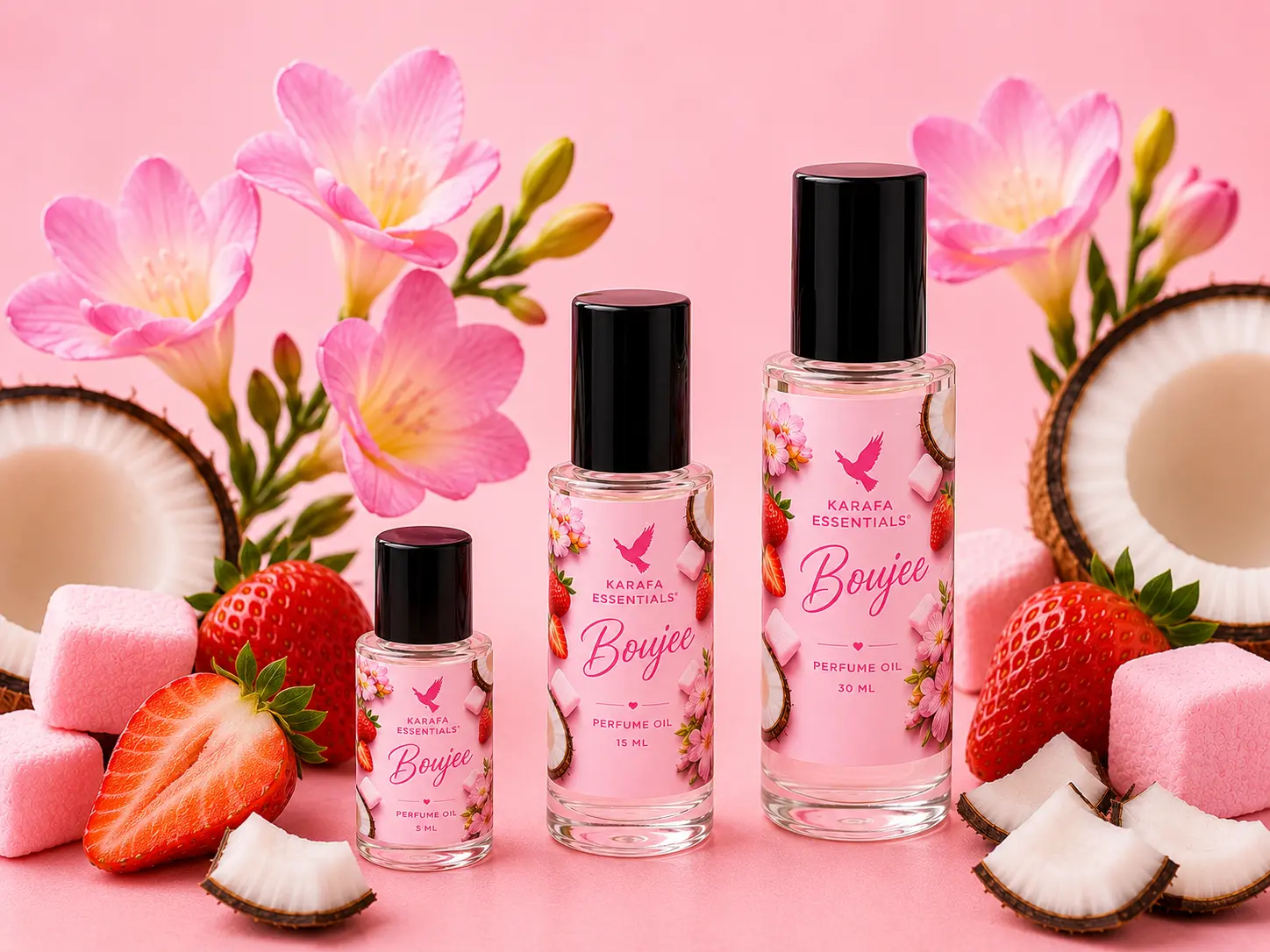 Boujee Oil Rollerball Strawberry Freesia Pink Marshmallow Coconut Whipped Vanilla Pink Musk by Karafa Essentials