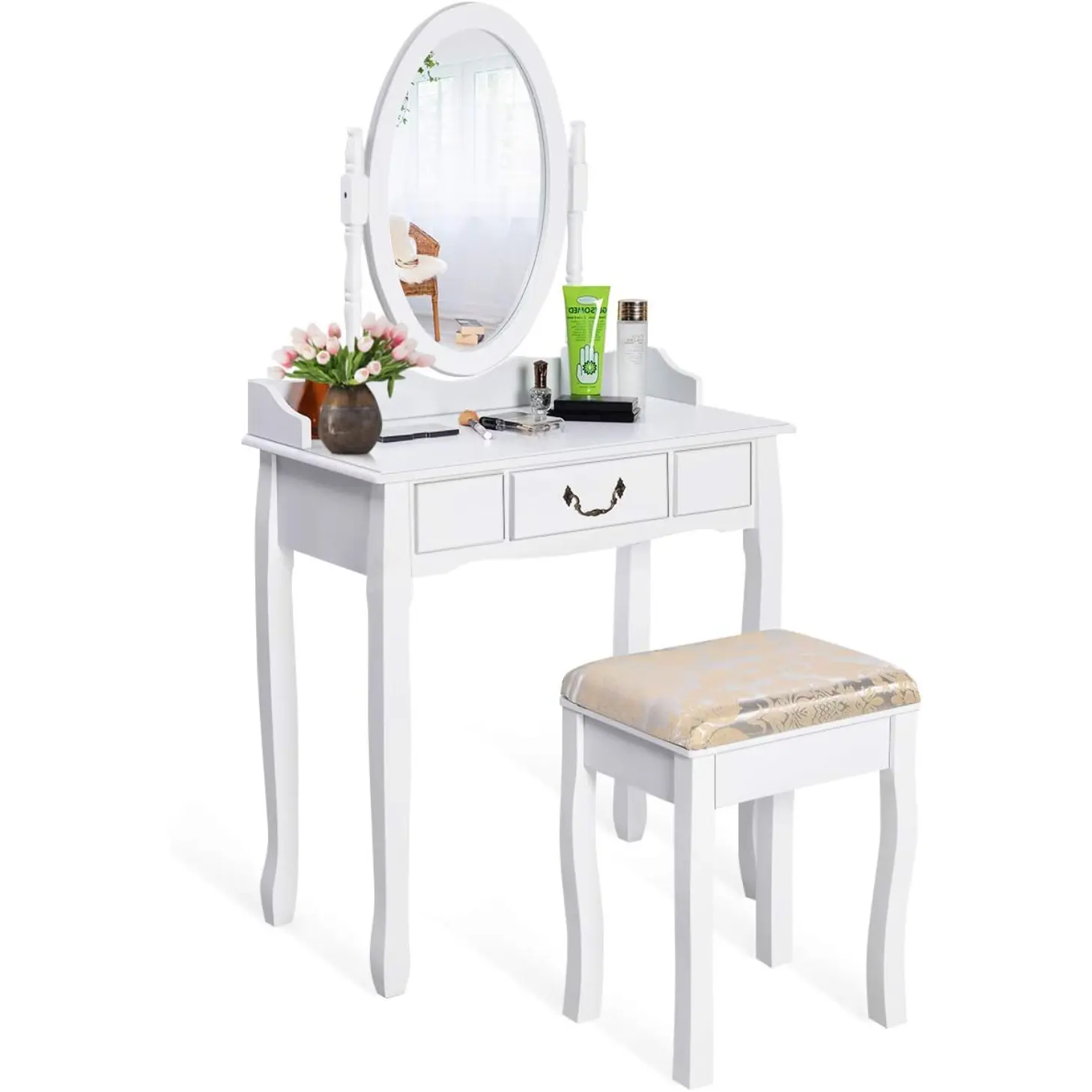 White Vanity Table Set with Stool, Dressing Table for Girls Women Mirror Makeup Table Desk Room Vanity Dresser, Large Bedroom Vanities w/DrawerNordic white dressing table light luxury single mirror bedroom dressing table trendy female makeup table home