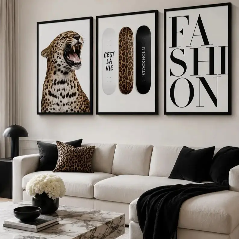 Leopard Fashion Wall Art Set of 3 Prints, Skateboard Typography Posters, Ready to Hang Chic Apartment Decor