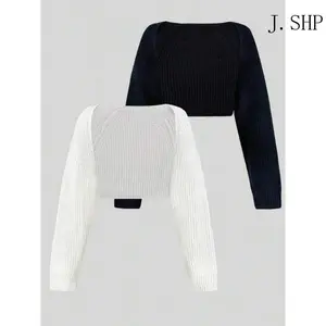 Women's Minimalist Textured Raglan Sleeve Shrug Set, Chic Open Front Sweater Cardigan, Back School Cropped Cardigan Knitwear Womenswear Casual Style