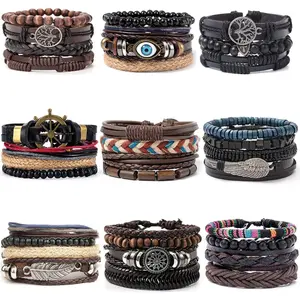35PCS Braided PU Bracelets for Men Women Wrap Wood Beads Cuff Bracelet Hemp Cords Ethnic Tribal Handmade Wrap Wristband Bracelets Set Adjustable Beaded Crafted