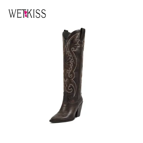 Wetkiss Womens Western Cowgirl Cowboy Knee High Boots with Embroidered Pointed Toe Chunky Heel Slip on Retro Tall shoes ,Women's Shoes,Women's Boots  , #WeeklyDeals#TikTokShopFallDealsForYou