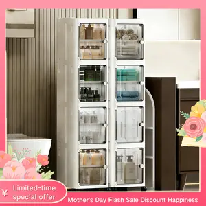 Narrow Slim Storage Cabinet Foldable No Installation Magnetic Closure Door Universal Wheels Mobile Multilayer Dustproof Waterproof for Bathroom Kitchen Bedroom
