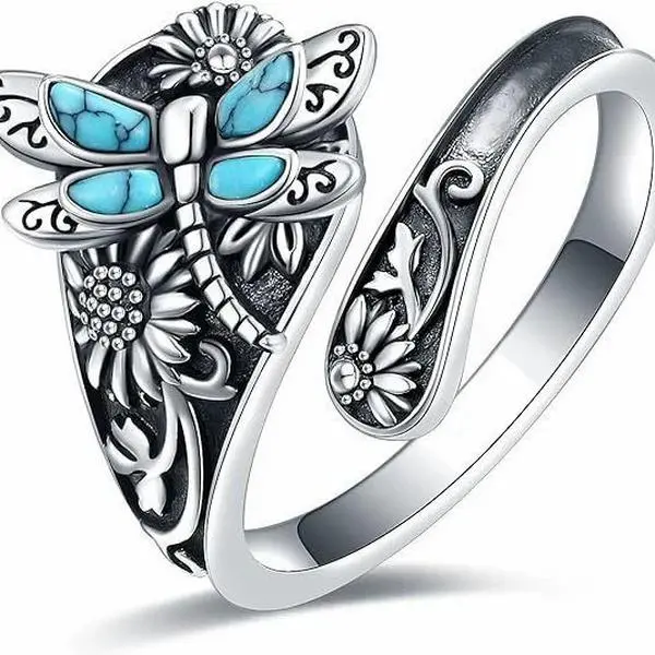 Boho Dragonfly Sunflower Wrap Ring in 925 Sterling Silver, Vintage Inspired Statement Jewelry for Women with Opal, Adjustable Elegant Everyday Ring, Boho Statement Ring Turquoise Texture Rings