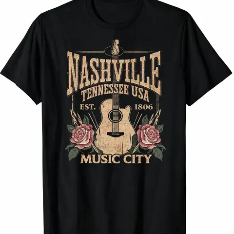 Vintage Acoustic Guitar Rose Graphic，Women's Nashville Tennessee Music City Printed Short-Sleeve Oversized Round Neck Cotton T-Shirt, Casual Country Western Retro Aesthetic Top for Music Lovers，Plus Size，Party wear，Summer outfits，Vintage