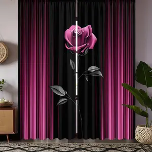 2pcs Pink and black splicing with pink roses Printed Curtains, Window curtain, semi-transparent polyester material, fade-resistant, hand or machine washable, hung with rod pockets, suitable for bedrooms and living rooms, home decoration
