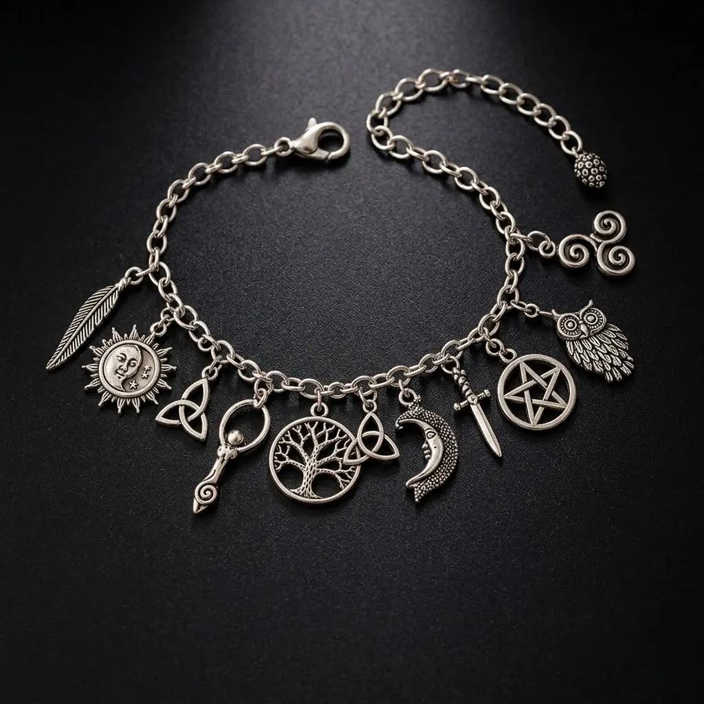 Vintage Silver Tone Wiccan Charm Bracelet, Tree of Life Sun Moon Owl Spiritual Protection Boho Jewelry for Women Witchy Everyday Wear