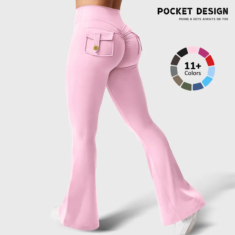 Women's Butt-Enhancing Yoga Pants, Plain High-Waist Tummy Control Bell-Bottom Leggings with Pockets for Workouts, Butt-Enhance, Flared Women's Sports Leggings, Glute Pump Women's Sports Leggings