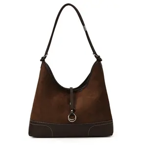 Women's New Retro Buckle Suede & Leather Patchwork Hobo Bag — Autumn/Winter Vintage Large-Capacity Shoulder Tote — Versatile Everyday Shoulder Bag
