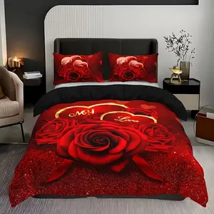 Romantic Rose Letter Quilt Set, 3pcs (1 Quilt + 2 Pillowcases), Valentine's Day High Definition Print Bedding, Decorative Bedding Set, Bedroom Bedding Set, Home & Dorm Use