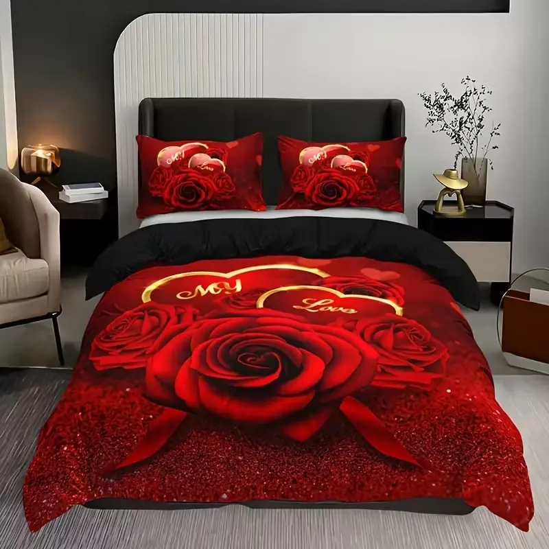 Romantic Rose Letter Quilt Set, 3pcs (1 Quilt + 2 Pillowcases), Valentine's Day High Definition Print Bedding, Printed Bedding Set, Decorative Bedding Set, Bedroom Bedding Set, Home & Dorm Use, Flower Quilt Set, Bed Sets
