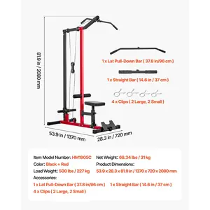 VEVOR LAT Pull Down Machine, 2-in-1 Row Cable Machine, Cable Machines Home Gym with 3-Level Adjustable Seat, 4-Level Adjustable Foam Roller, Load 500 lbs Lat Tower for Back, Chest, Tricep, Black Red