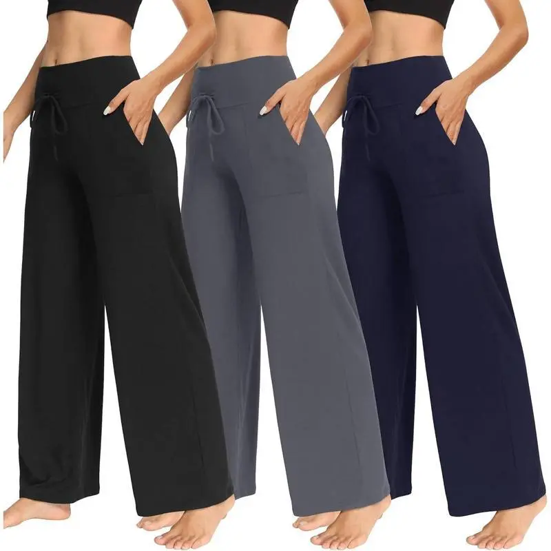 3 Pack Women's Wide Leg Pants with Pockets - Casual Loose Yoga Trouser Pants Sweatpants Palazzo Lounge Pajama Pants