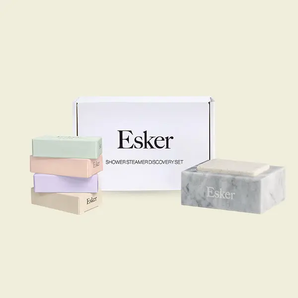 Esker Shower Steamer Discovery Set | Premium Aromatherapy System with Carrara Marble Holder & Refill Tablets | Elevate Daily Shower Rituals with Essential Oils for Relaxation & Deep Stress Relief