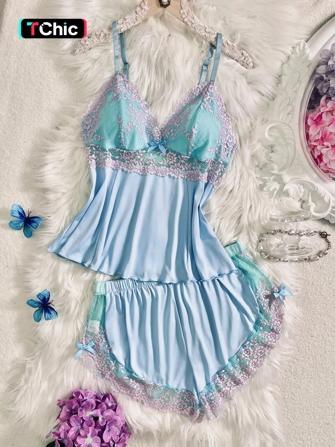 Elegant Lace Trim Pajama Set Lingerie, Sleeveless Fitted Top and Shorts, Soft Sleepwear Loungewear for Women, Perfect Valentine's Day Gift, Elegance