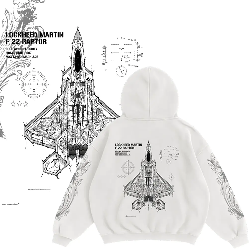 Curve Tactical F-22 Raptor Blueprint Hoodie White | Stealth Fighter Jet Streetwear Pullover | Oversized Gothic Sleeve Print Sweatshirt | Tactical Aesthetic Unisex Top