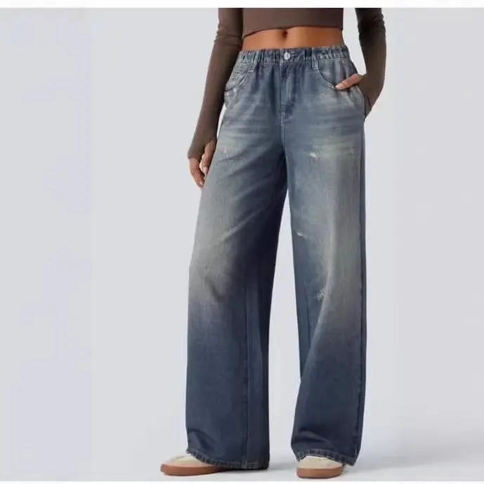 Mid Rise Denim Print French Terry Casual Sweatpants Jeans with Pockets