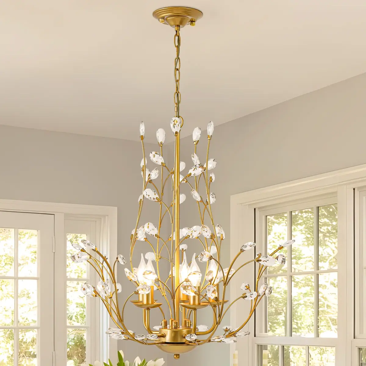Garwarm 5-Light Gold Crystal Chandeliers,Vintage K9 Clear Crystal Chandeliers Ceiling Lights,Luxury Crystal Pendant Lighting for Living Room Dining Room Bedroom Restaurant Porch