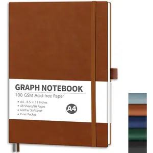 Graph Grid Paper Notebook A4 96 Pages 100 GSM Thick Acid-free Paper Leather Softcover for School Students Math Engineering Brown
