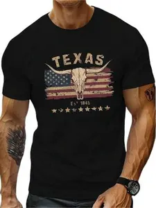 Men's American Flag Print Short Sleeve T-Shirt, Vintage Western Cowboy Style Graphic Tee, Casual Loose Fit Cotton Summer Top