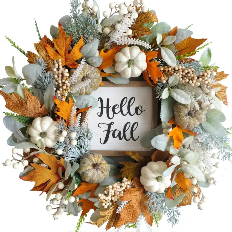 20in Rustic Artificial Pumpkin Wreath with Eucalyptus Greenery - Fall Decor, Pumpkin Decor, Festive Wreaths Garlands & Swags, Home Supplies, Farmhouse Door Porch Halloween Gift