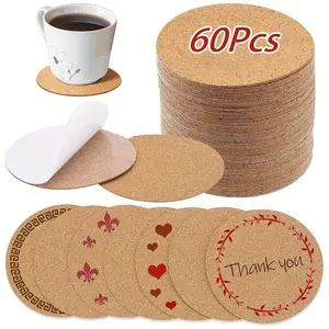 60Pcs Self-Adhesive Cork Sheets for DIY Coasters Round Backing Cork Tiles Mat Cork Coasters CorkBacking for Decor Crafts Coffee Table Mat