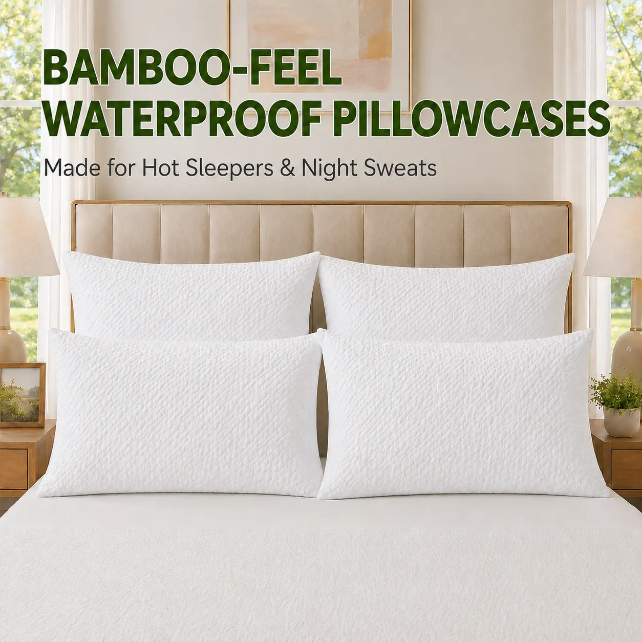 CloudReston Cooling Waterproof Pillow Protectors 2 Pack, Bamboo-Feel Breathable Pillow Covers with Hidden Zipper, Quiet Soft Layer, Twin Queen King