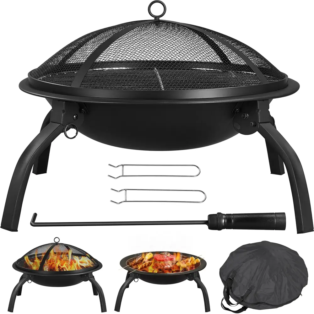 Yaheetech Fire Pit Foldable Iron Fire Pit Wood Burning Firepit Portable Outdoor for Bonfire Camping BBQ w/Mesh Lid Wood Grate Cooking Grill Fire Poker Carrying Bag