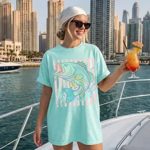 BojjiCo Retro Bass Fish Shirt Comfort Colors Pastel Fishing Tee Preppy Coastal Lake Day T-Shirt Colorful Summer Tee-Shirt Beach Lover Gift for Her Aesthetic Oversized Fishing Graphic T-Shirt Boho Soft Cotton Coastal Grandmother Top Trendy Bass Outfit