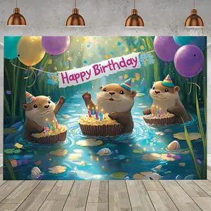 1pc Otter Party Backdrop Banner with Colorful Balloons – High-Quality Polyester Photography Background for Birthday Celebrations, Photo Booth Fun, and Festive Decorations, Photo Booth Backdrop | Playful Design | Colorful Print White