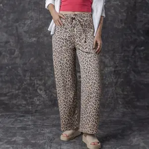 Khaki Leopard Print Wide Leg Pants, Drawstring Barrel Jeans with Pockets  for Everyday Effortless Wear Bottoms Womenswear