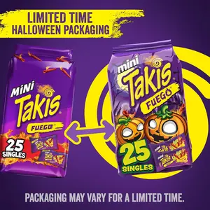 Takis Fuego Mini Rolled Tortilla Chips, 25-Piece 1.23 oz Bite-Size Multipack, Extreme Spice Hot Chili Pepper & Lime Flavorful Snack, Non-Fried Convenience Crunchy Food, 12 Months Shelf Life for Cupboard Storage