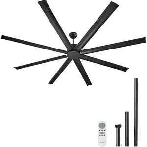 VEVOR 84 In Ceiling Fan without Light, 6-Speed Remote Control, Aluminum 8-Blade, Reversible DC Motor, Modern Low Profile Flush Mount Exterior Fan for Bedroom, Living Room, Patio, Indoor/Outdoor, Black