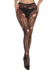 Women Sexy Tights Fishnet Stockings Patterned Christmas High Waisted Lace Sheer Black Tights Plus Size Pantyhose Holes Leggings (90-265Lbs)