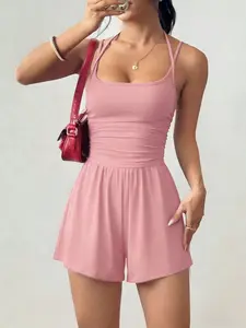 Women's Minimalist Halter One-Piece Short Pants, Sleeveless U-Neck Ruched Waist Slimming Bodycon Jumpsuit Womenswear