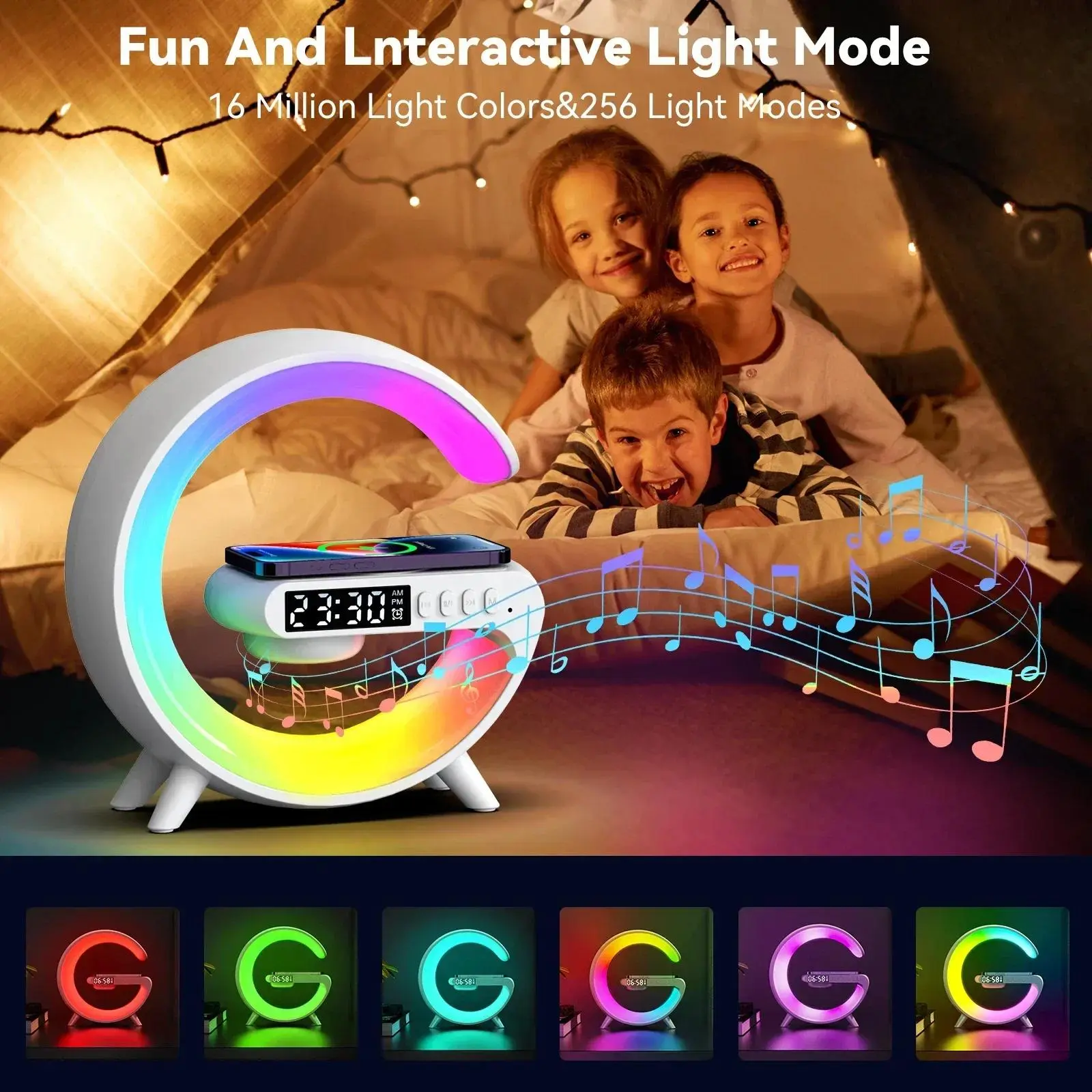 Multifunction RGB LED Bedside Lamp Wireless Speaker, 15W Wireless Charger Stand Pad with Bluetooth Audio, Alarm Clock, Button Control, USB Type-C/Type C Compatibility, Card Support - Portable ABS Fast Charging Station for Android & iOS