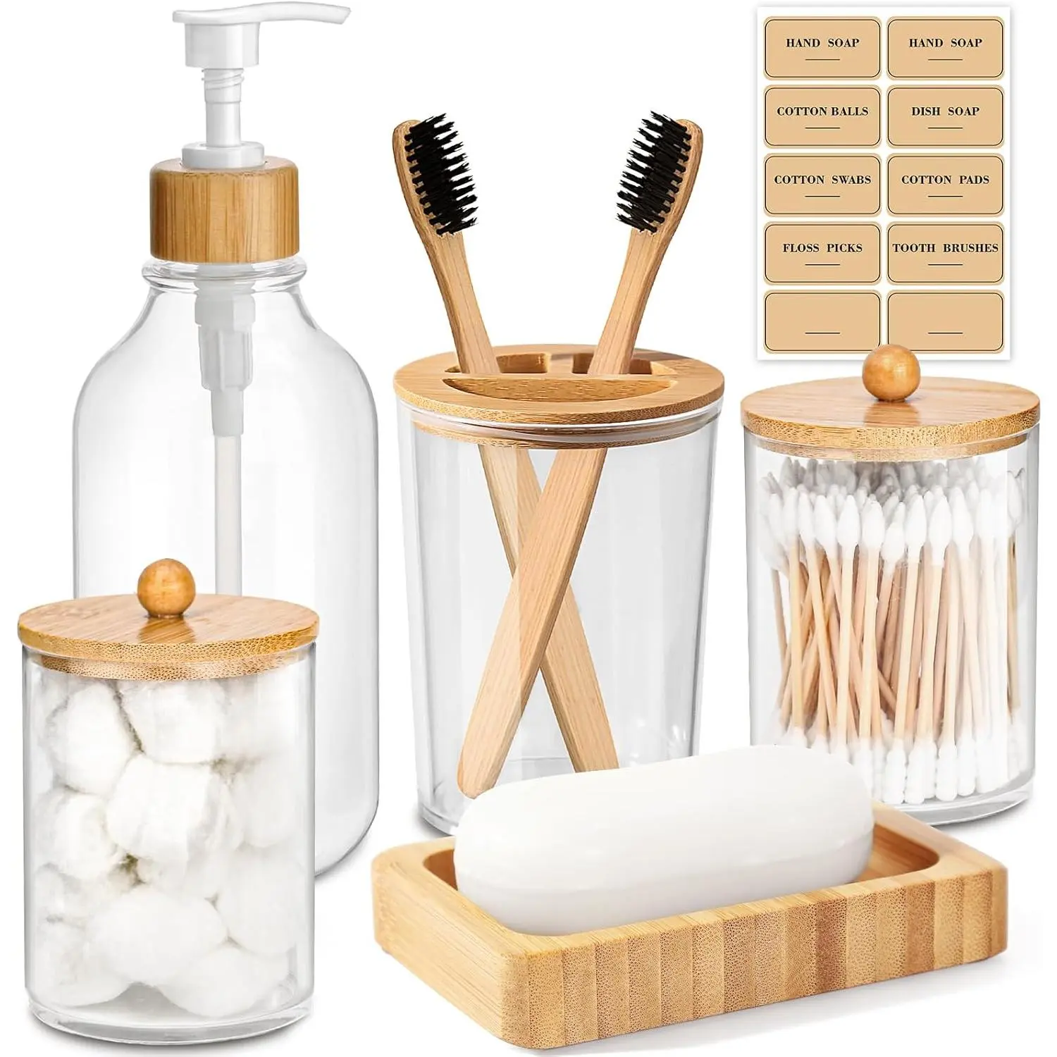 Bamboo Bathroom Accessory Set 5 Pcs, Boho Bathroom Accessories Sets Complete, Clear Bath Soap Dispenser and Toothbrush Holder Set, Soap Dish, Cotton Swab Jar, Boho OrganizerBamboo Bathroom Accessories Set 4 Pcs -Clear Toothbrush Holder Plastic SoapDispens