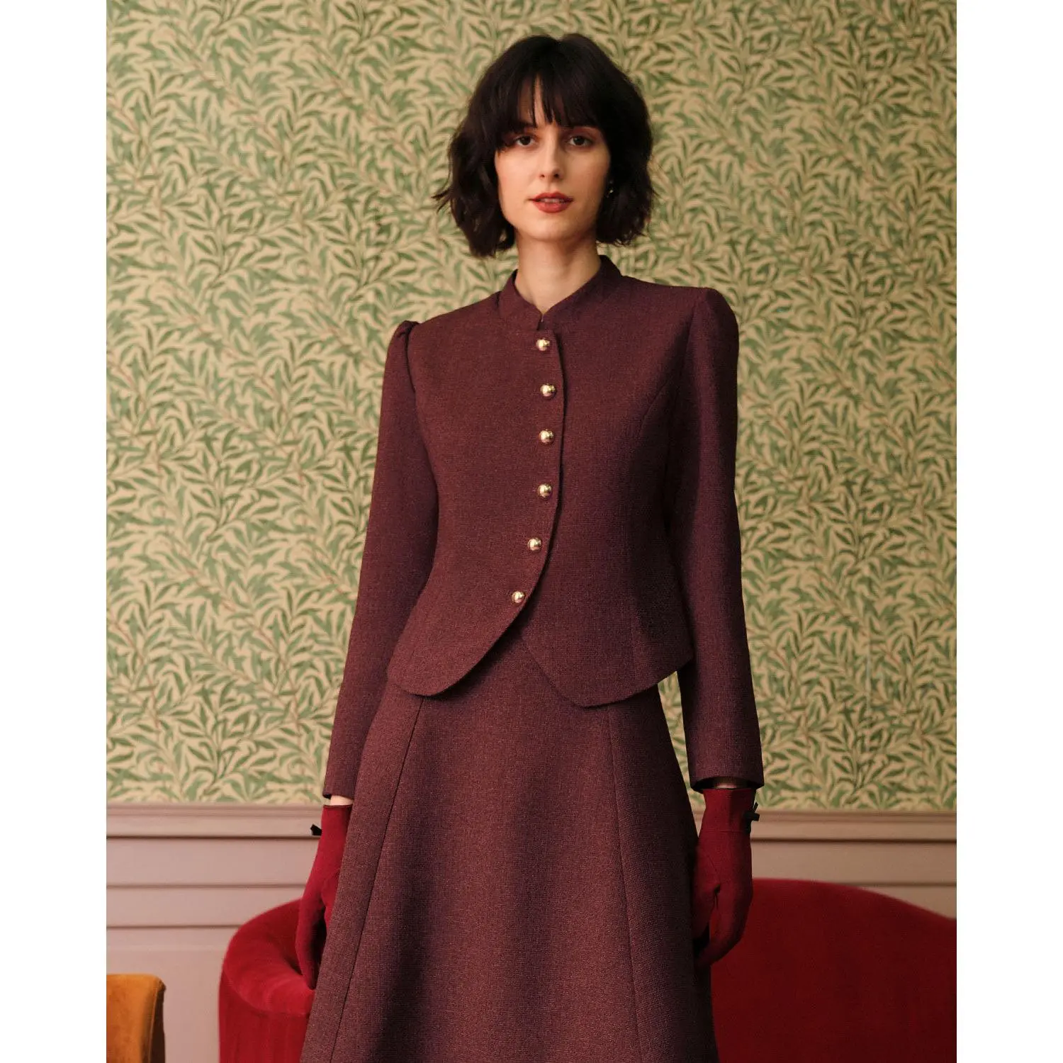 rihoas Women's Vintage Retro Elegant Tweed Blazer Top Slim Fitted Single breasted Longsleeve Puff Sleeve Polyester Fabric Lady Outerwear