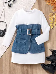 Girls' Casual Patchwork Dress Set, Long Sleeve T-Shirt & Denim Jacket Two-Piece, All Seasons Fitted Style Clothes Kids Children