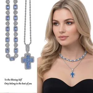 Blue Cross Necklace Women's Hip Hop Diamond Sweater Chain Fashion Versatile Light Luxury Accessories