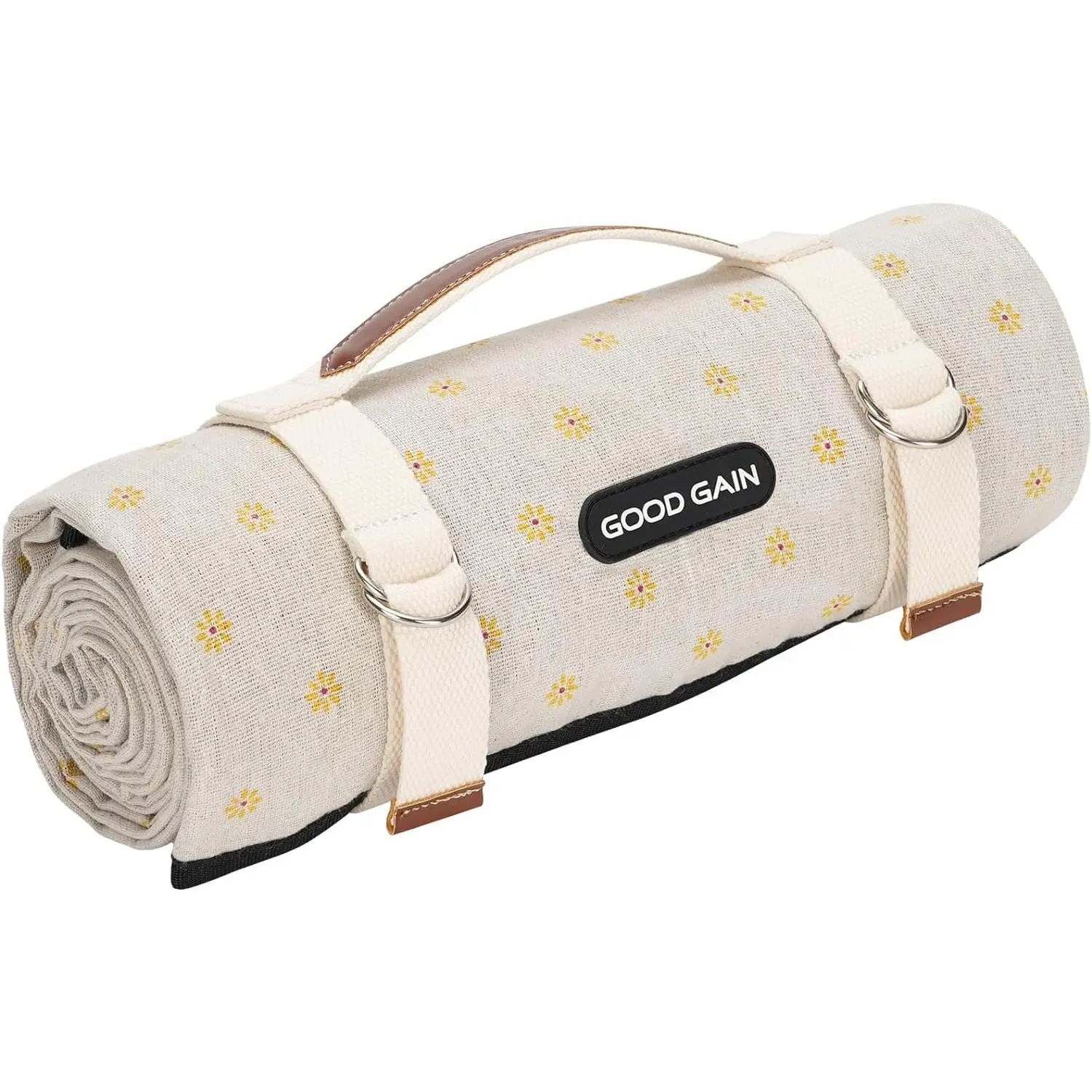 Large Picnic Blanket 78"x57", Soft Yellow Polyester & Canvas Mat with Graphic Print, Waterproof Back, Portable & Machine Washable for Camping, Backpacking & Backyard Party, Foldable Straps, Large Size, Beach Adventure
