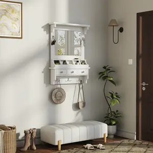 ARCH Floating Makeup Vanity with Big Mirror, Wall-Mounted Storage Vanity with Drawers, Pockets & Hooks, Space-Saving Decorative Home Organizer for Small Space, White    RR