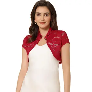 INSPIRE CHIC Women's Lace Stand Collar Pearl Button Short Sleeve Cropped Shrug Large Red
