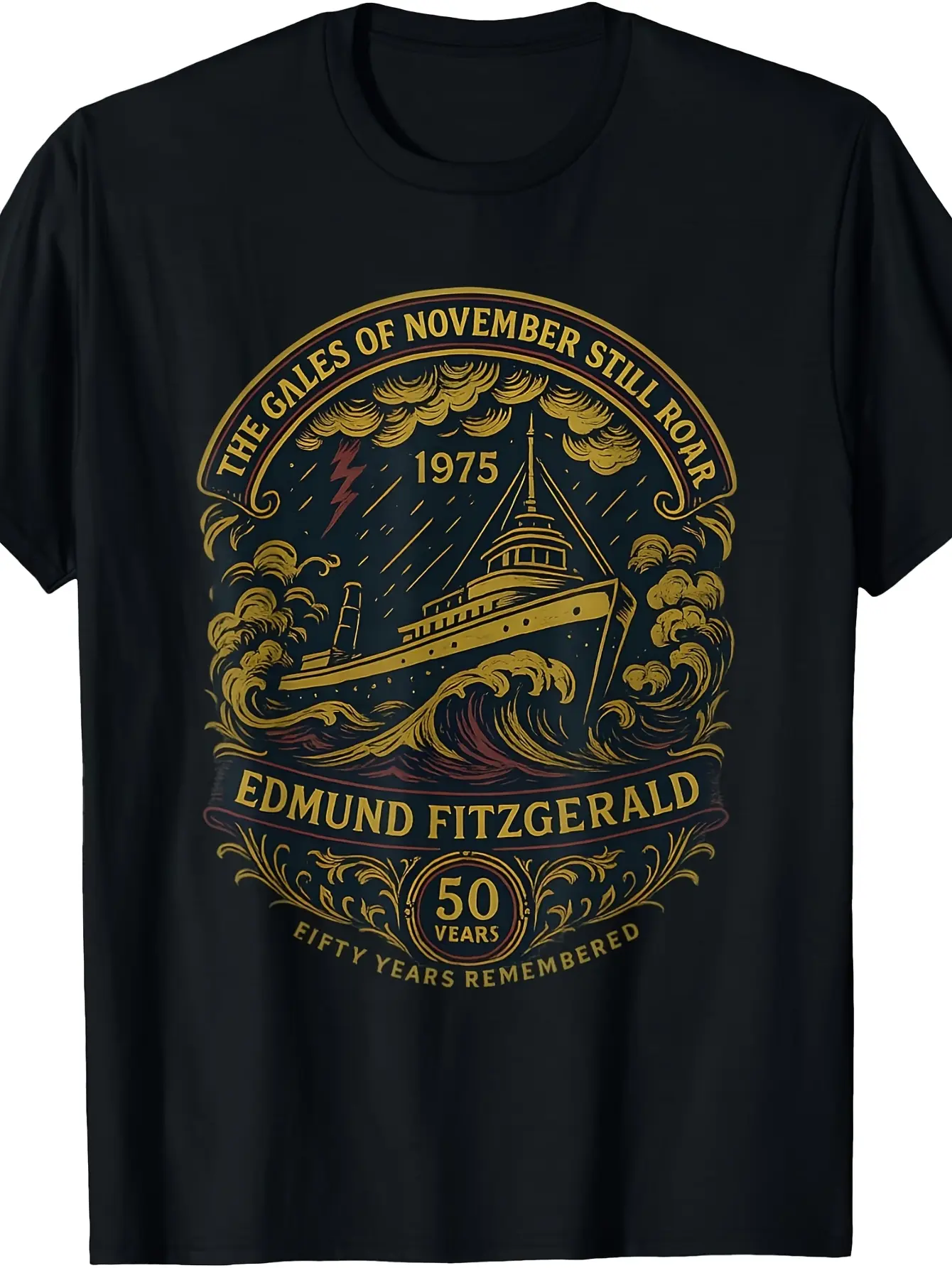 Edmund Fitzgerald Ship 1975 Anniversary Great Lake unisex soft cotton short sleeve t shirt, vintage graphic casual tee for men women teens, perfect birthday holiday gift for camping travel gym daily street casual wear