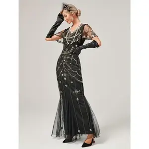 1920s Gatsby-Inspired Sequin Flapper Dress with Tassel Detail - Vintage Beaded Party & Banquet Gown for Women - Hand Wash/Dry Clean - Perfect for Themed Parties & Special Occasions - Ideal Gift for Women Womenswear Formal Green Black