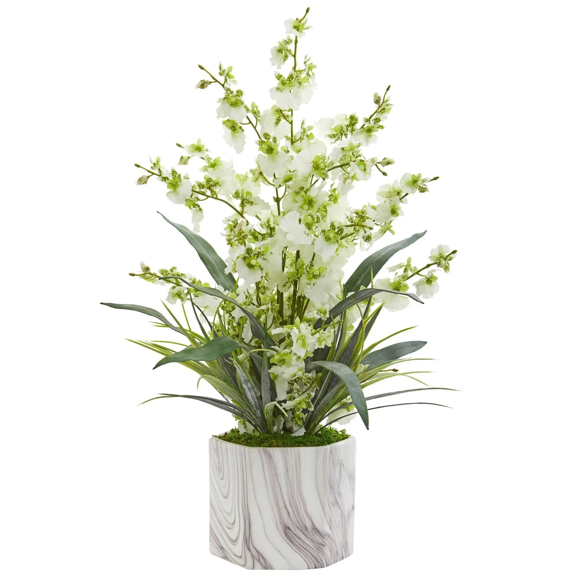 Artificial Dancing Lady Orchid Arrangement with Cheerful Look - Floral Decor with Vibrant Blooms, Leaves in Marble Vase - Home & Office Table Centerpiece, Foyer Console Table Decor