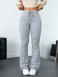 Women's High-Waisted Drawstring Flared Bottom Pants, Womenswear Slim Fit Knit Casual Style Sweatpants, Long Regular Length, All Season Wear
