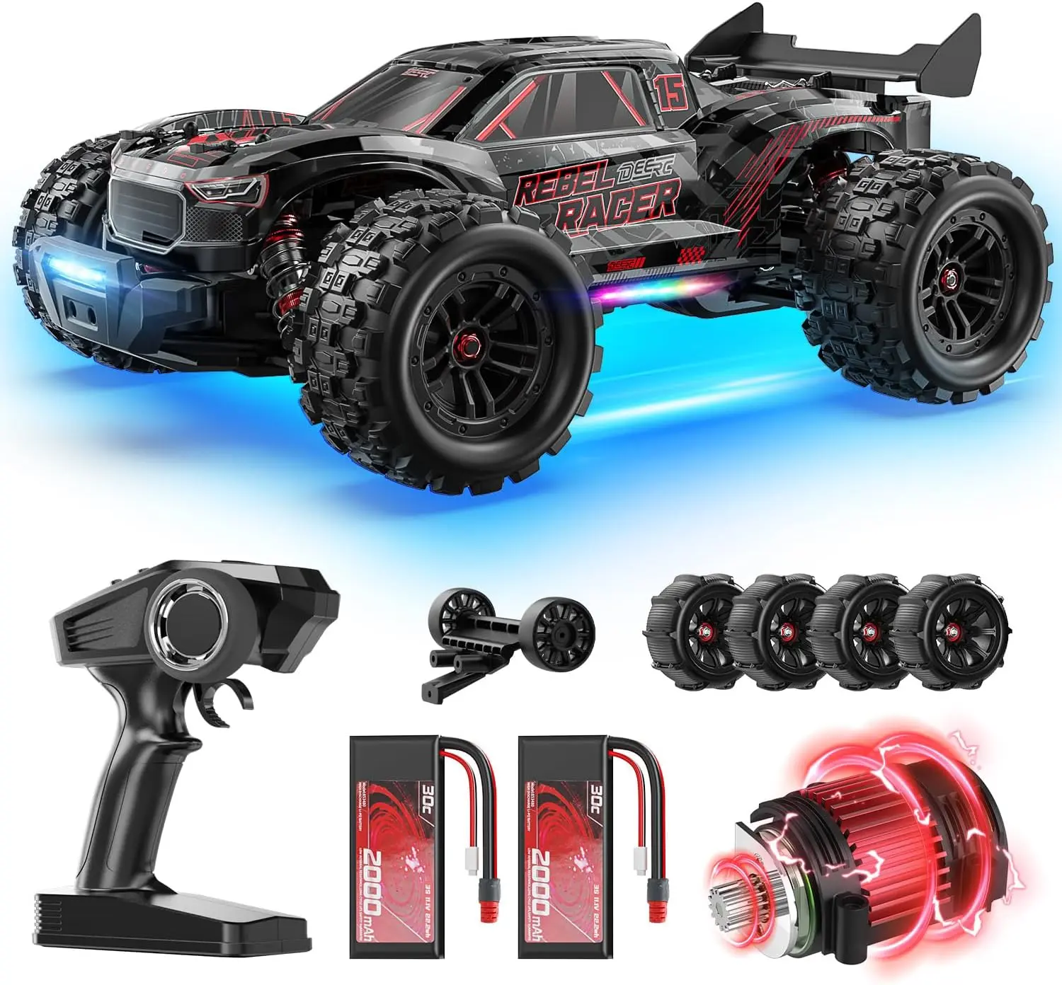 DEERC 1:14 Fast Brushless RC Car - 46+ MPH 4WD Off-Road Truggy, 2x3S Lipo High-Speed, 7 Lighting Modes, All-Terrain RC Rock Crawler Stunt Car for Snow, Sand