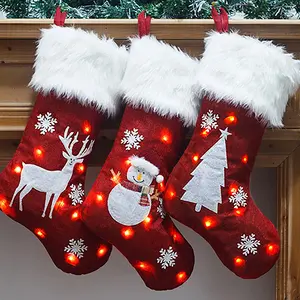 LWITHSZG Christmas Stockings with LED Light 2 Pcs 18 Classic Xmas Stockings Santa Reindeer for Christmas Decorations Supplies Kids Gifts Xmas Socks for Fireplace Hanging Colorful Sparkly Embroidered Tree Snowflake Snowman Applique